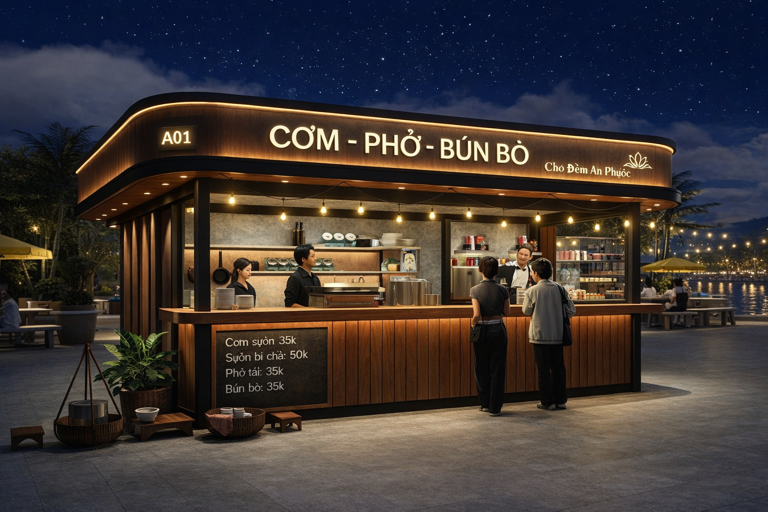 Gian hàng ẩm thực phục vụ cơm, phở và bún bò tại An Phước Night Town