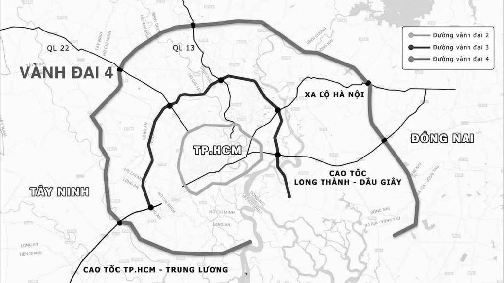 Sơ đồ hướng tuyến Vành đai 4 TP.HCM, tuyến giao thông chiến lược kết nối TP.HCM với các địa phương trong vùng