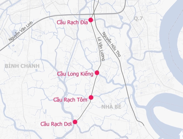 Vị trí cầu Rạch Tôm trên trục đường Lê Văn Lương
