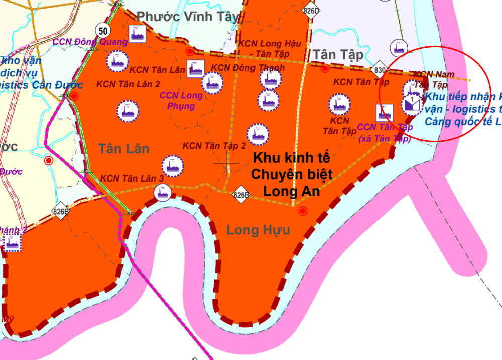 Vị trí các khu công nghiệp tại khu vực Tân Tập, Long Hậu và vùng kinh tế chuyên biệt Long An