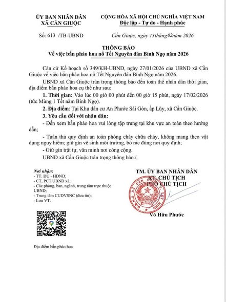Thông báo của UBND xã Cần Giuộc về việc bắn pháo hoa Tết Nguyên đán Bính Ngọ năm 2026